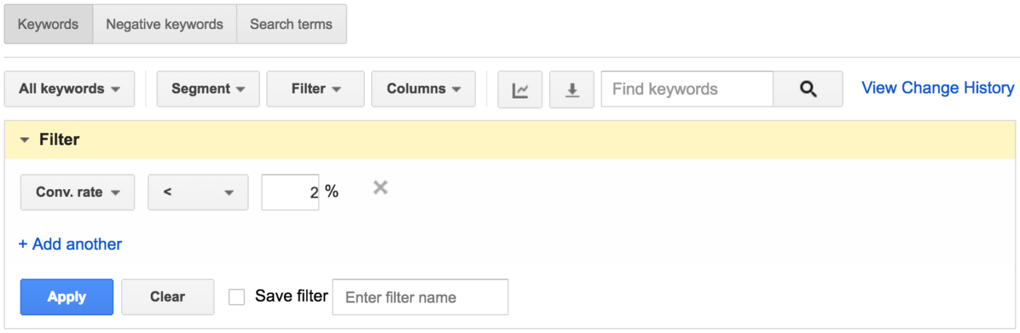 AdWords conversion rate filter