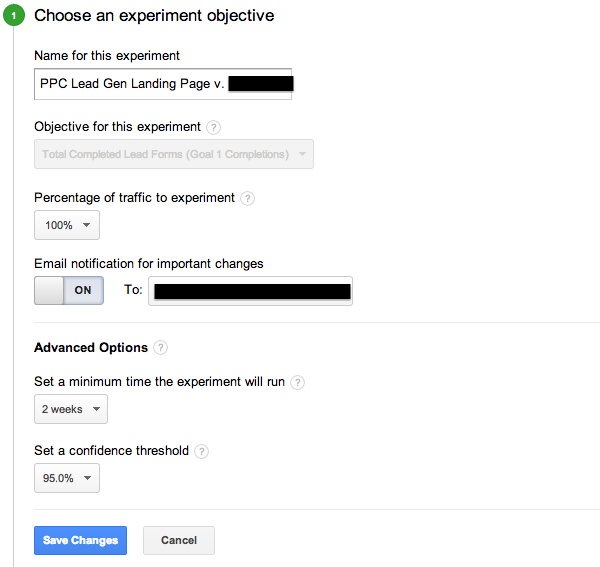 A sample screenshot of the settings used in an Analytics Content Experiment.