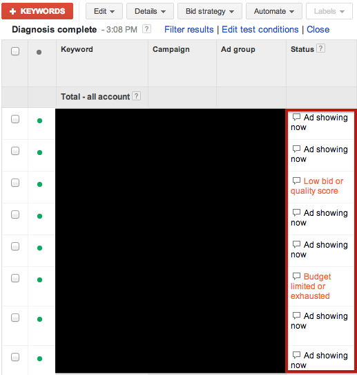 The AdWords Keyword Diagnosis function.