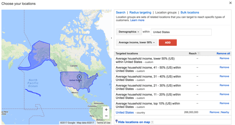 Income based targeting from the Advanced Settings Section of the Locations menu