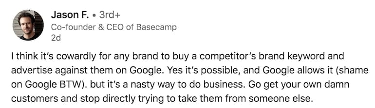 Jason Fried CEO Basecamp LinkedIn post on brand keyword bidding