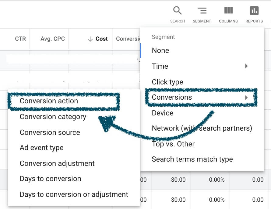 Google ads conversion action menu