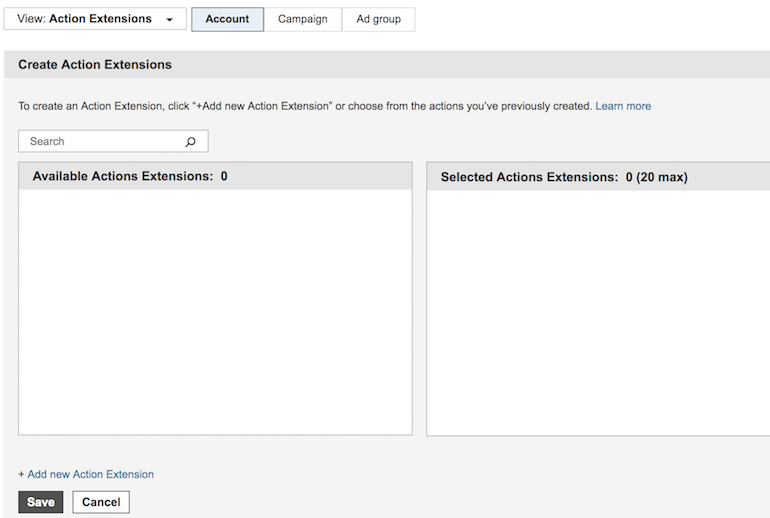 Bing Ads Action Extensions Create New