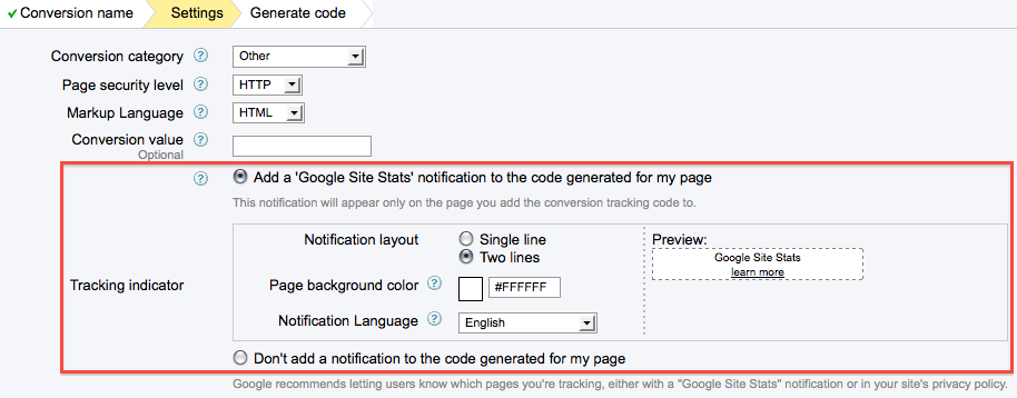 Google AdWords Tracking Indicator Option