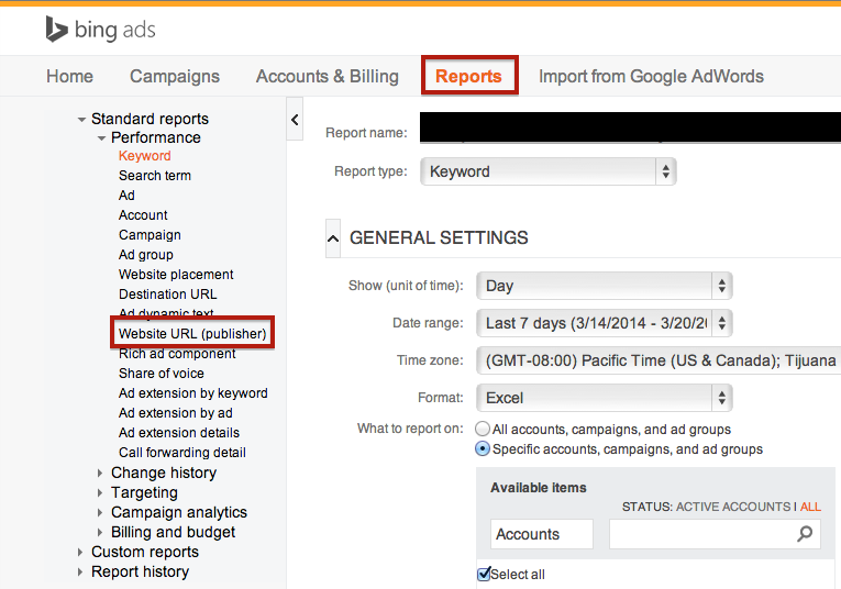 Bing's website URL publisher report.