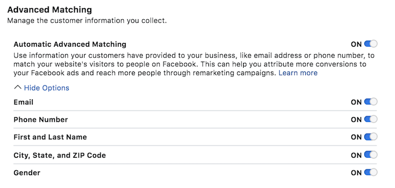 Facebook Ads Advanced Match Setting