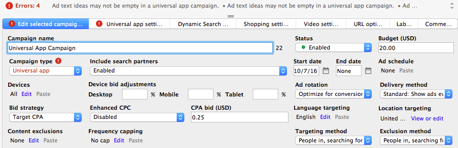 adwords editor universal app campaign set-up