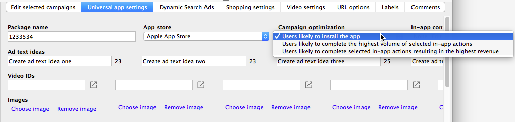 adwords editor universal app settings