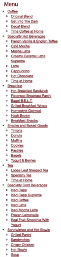 Image of Tim Horton's sitemap