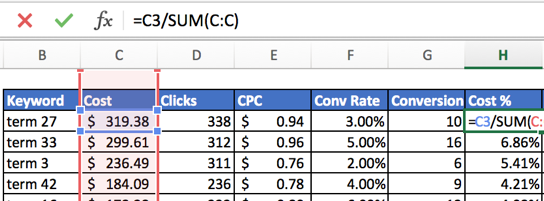 Calculating the total cost for each keyword