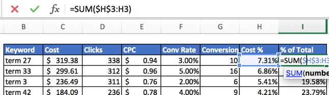 Calculating the summed percentages of cumulative total contributions