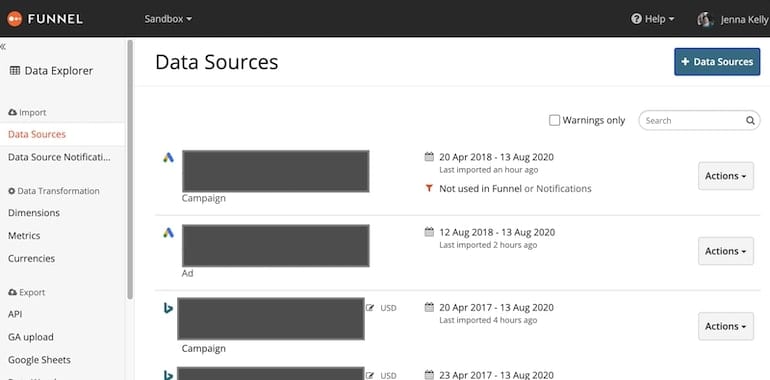 data sources in funnel io