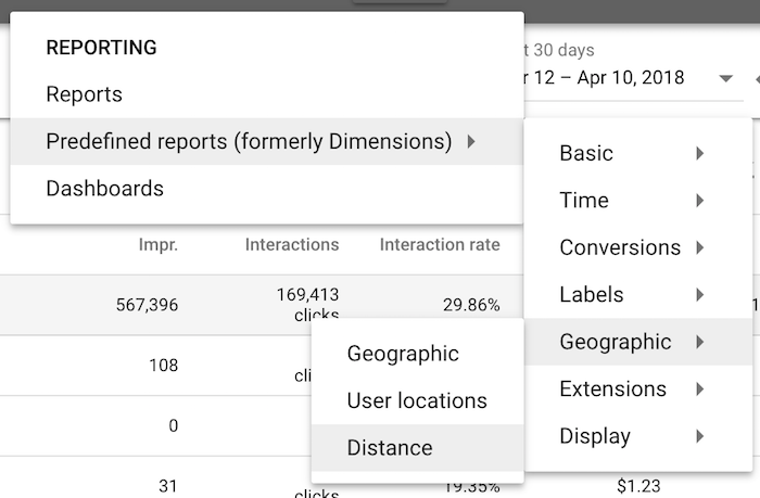 Distance report selection in menu