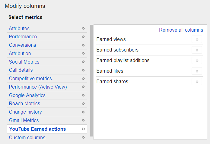 Earned metrics columns