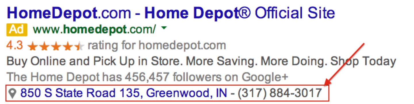 home depot ppc ad showing location extensions