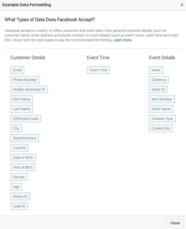 Facebook Offline Event Set data fields