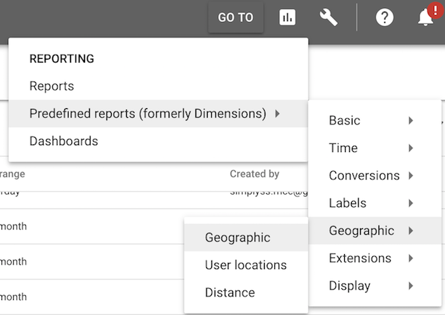 Accessing the geographic report via the AdWords menu