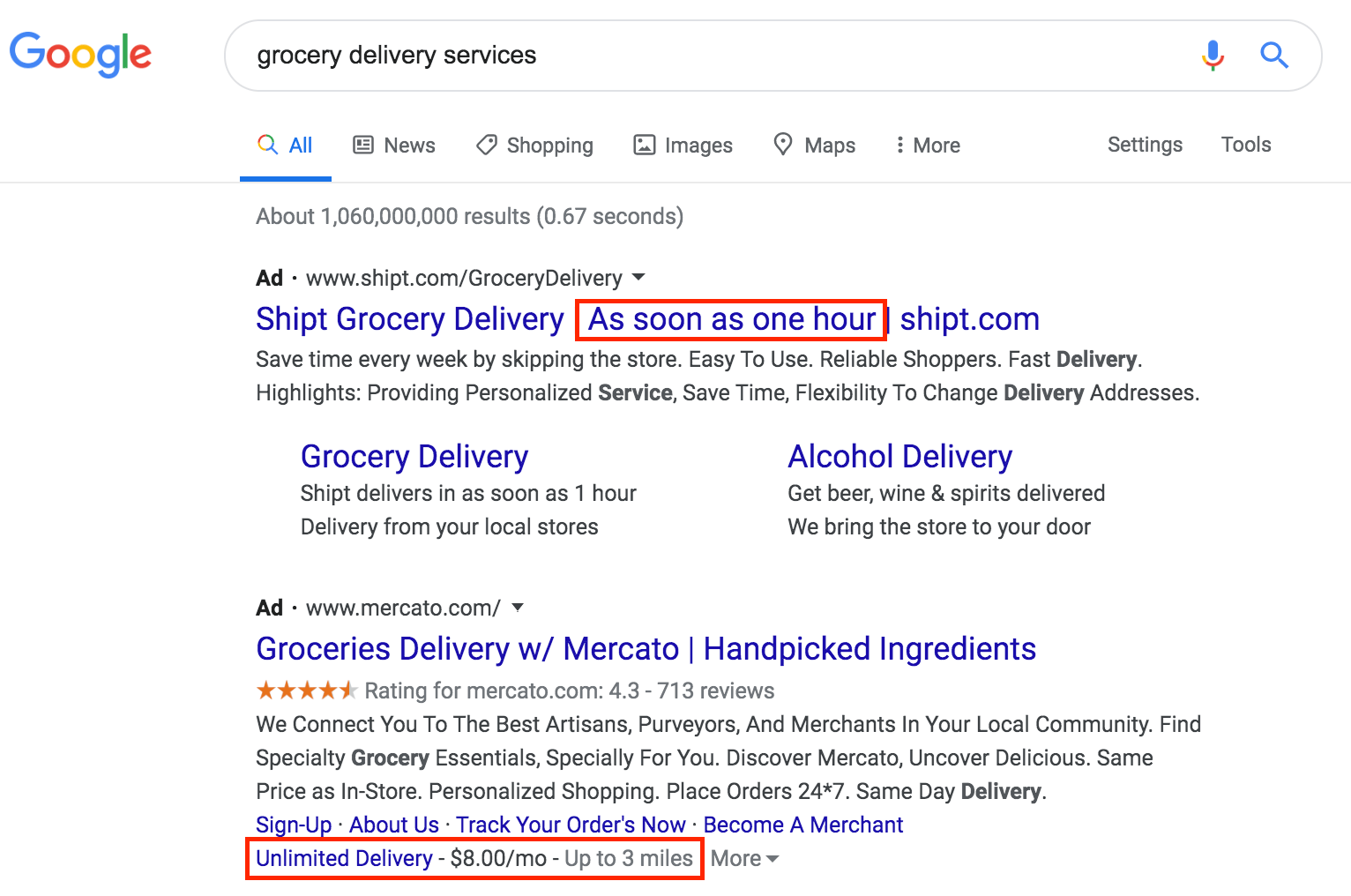 Google search example of Grocery delivery services. 