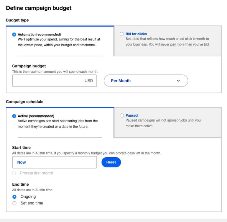 indeed interface campaign budgets