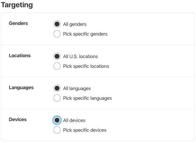 Pinterest gender location languages devices targeting