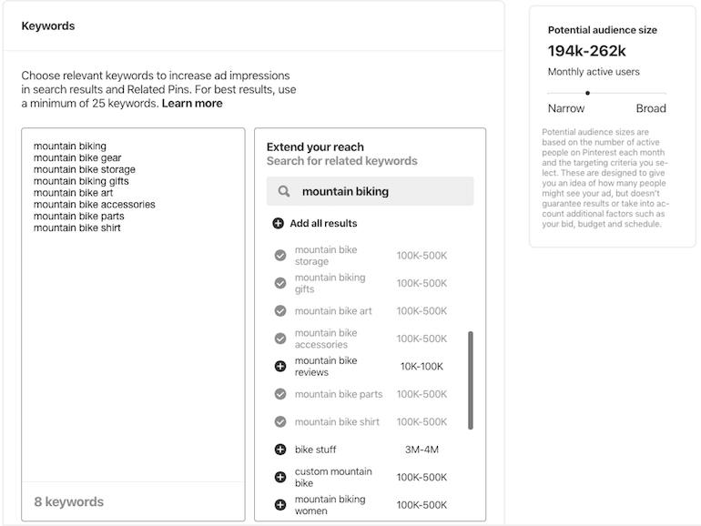 Pinterest keyword targeting