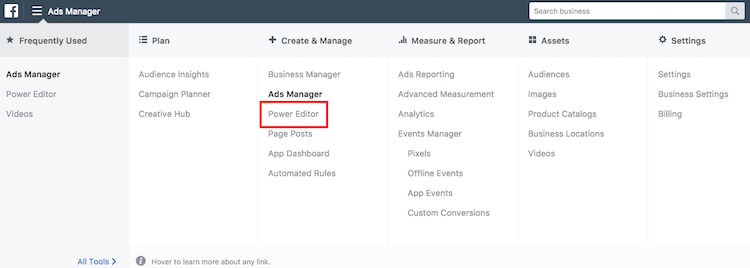 Location of the Facebook power editor in the ads manager
