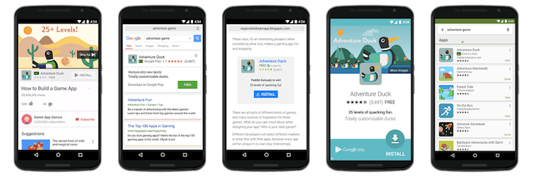 Five different examples of Google Ads universal app campaign (UAC) ad placement