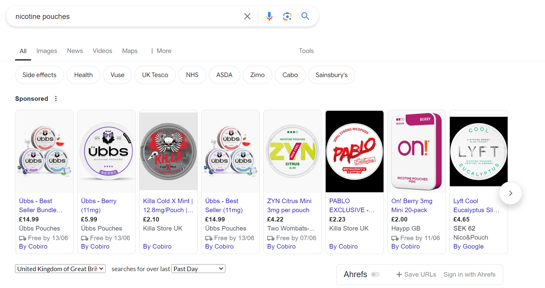 SGE Google Shopping results page for nicotine pouches
