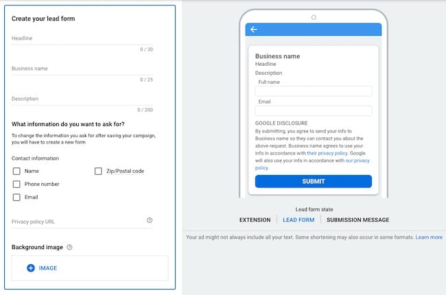 Google Ad Form Lead Form Categories