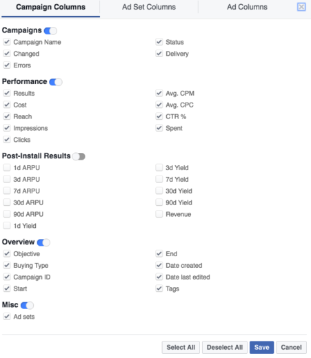 Power Editor Metrics List