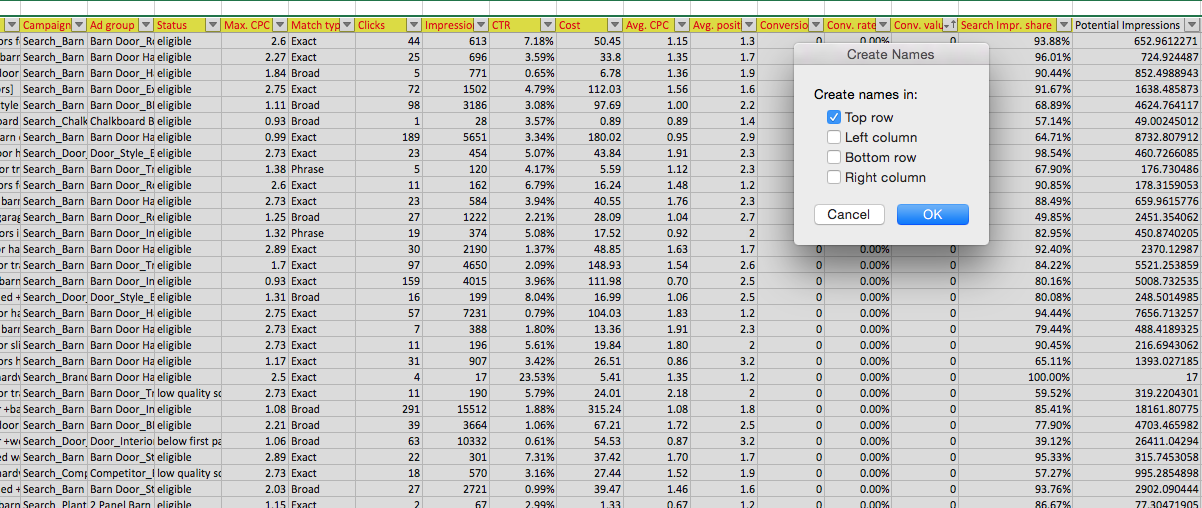 Create names from top row