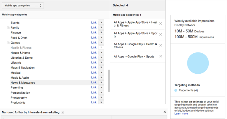 Selecting categories and getting weekly impression estimates