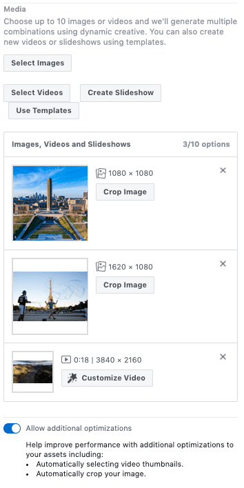 Facebook interface showing dynamic creative set up with images added