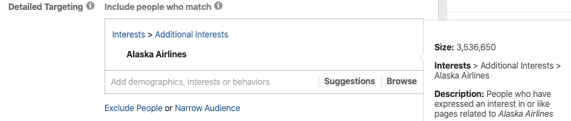 Alaska Airlines interest targeting on Facebook Ads