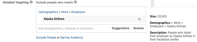 Alaska Airlines Employer targeting on Facebook Ads