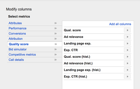 AdWords Quality Score columns