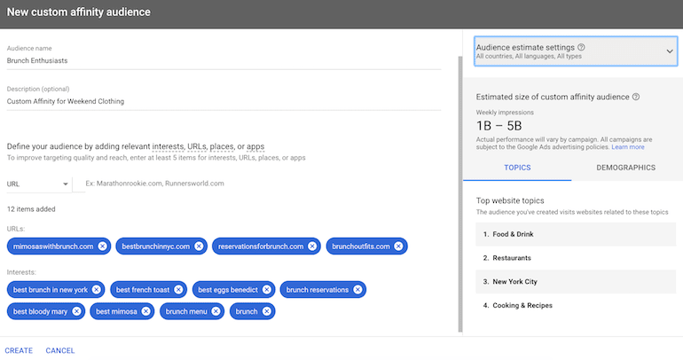 custom affinity audience creation example