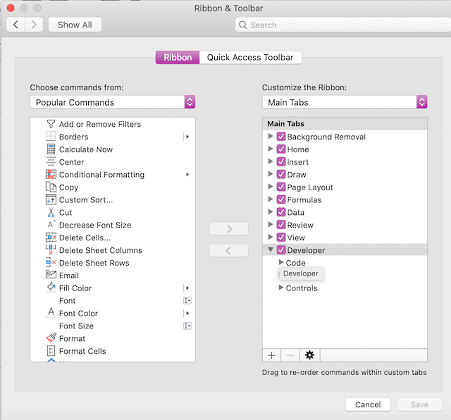 how to get developer on excel ribbon