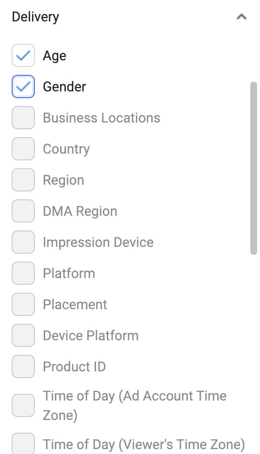 Selecting which breakdowns to include in your custom report.