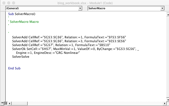 Example solver VBA code after recording