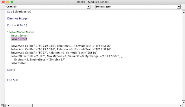 resetting the solver code excel macro