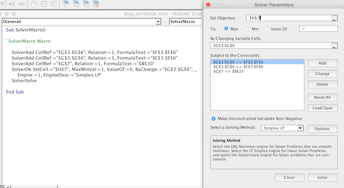 comparing solver parameters with macro code